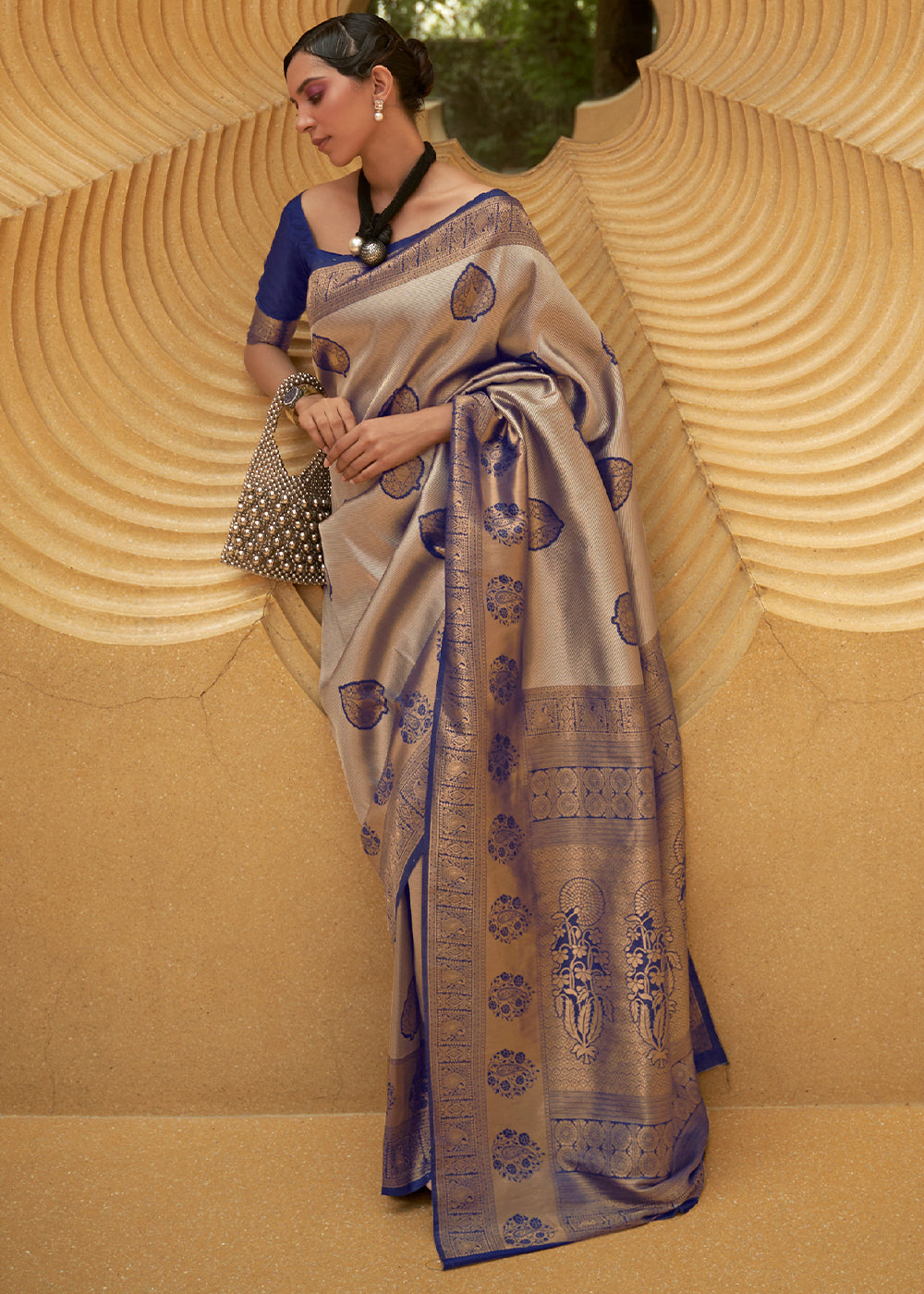 Buy MySilkLove Wild Blue and Brown Two Tone Woven Silk Saree Online