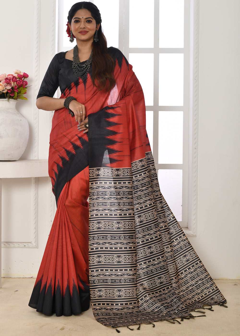 Buy MySilkLove Well Red Woven Tussar Ikkat Silk Saree Online