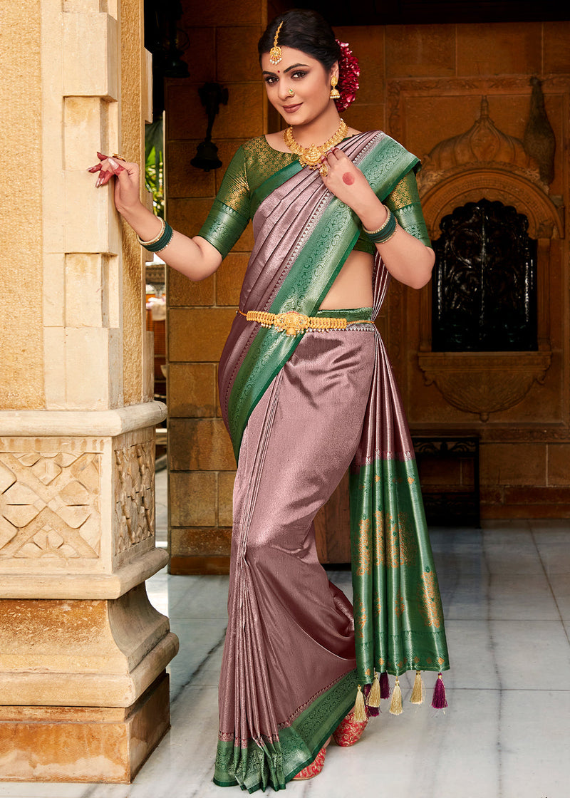 Eunry Purple and Green Zari Woven Kanjivaram Saree