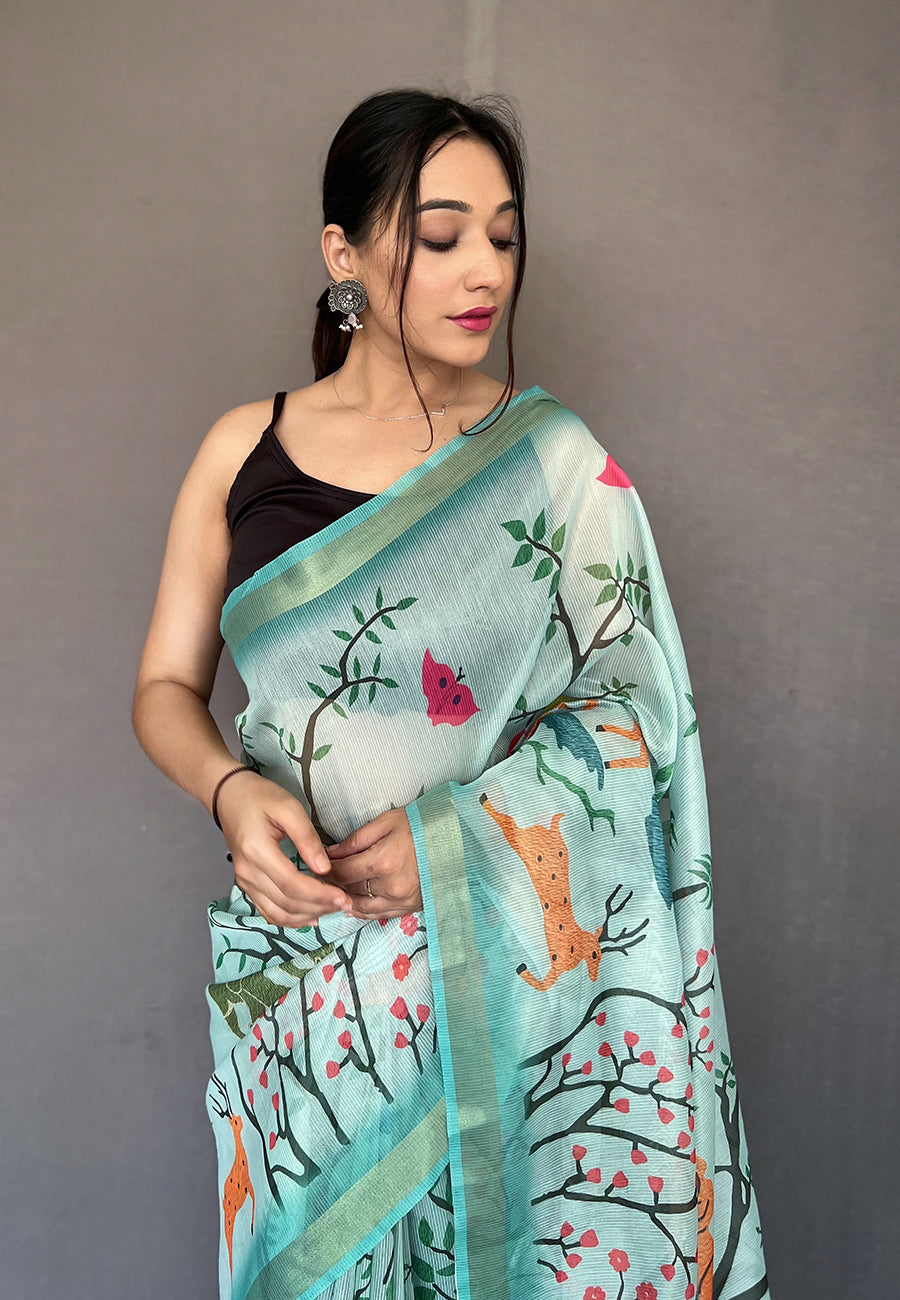 MySilkLove Powder Ash Blue Tissue Printed Kalamkari Silk Saree