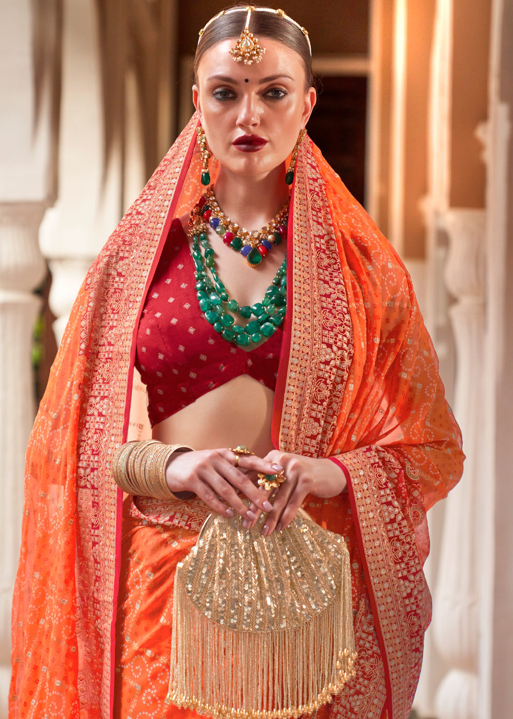 Buy MySilkLove Coral Orange Lehariya Georgette Silk Saree Online