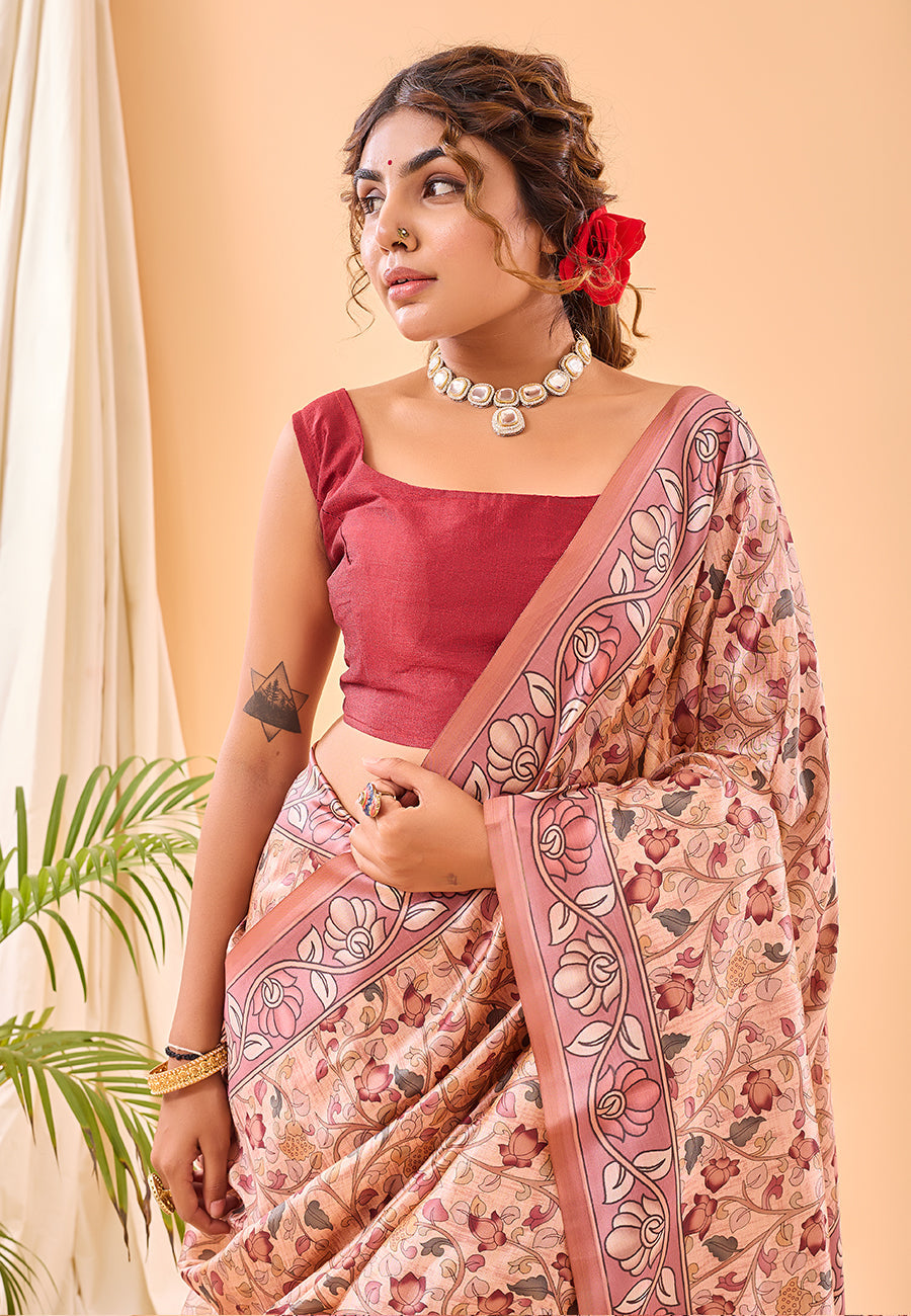 Buy MySilkLove Blossom Pink Floral Kalamkari Printed Saree Online