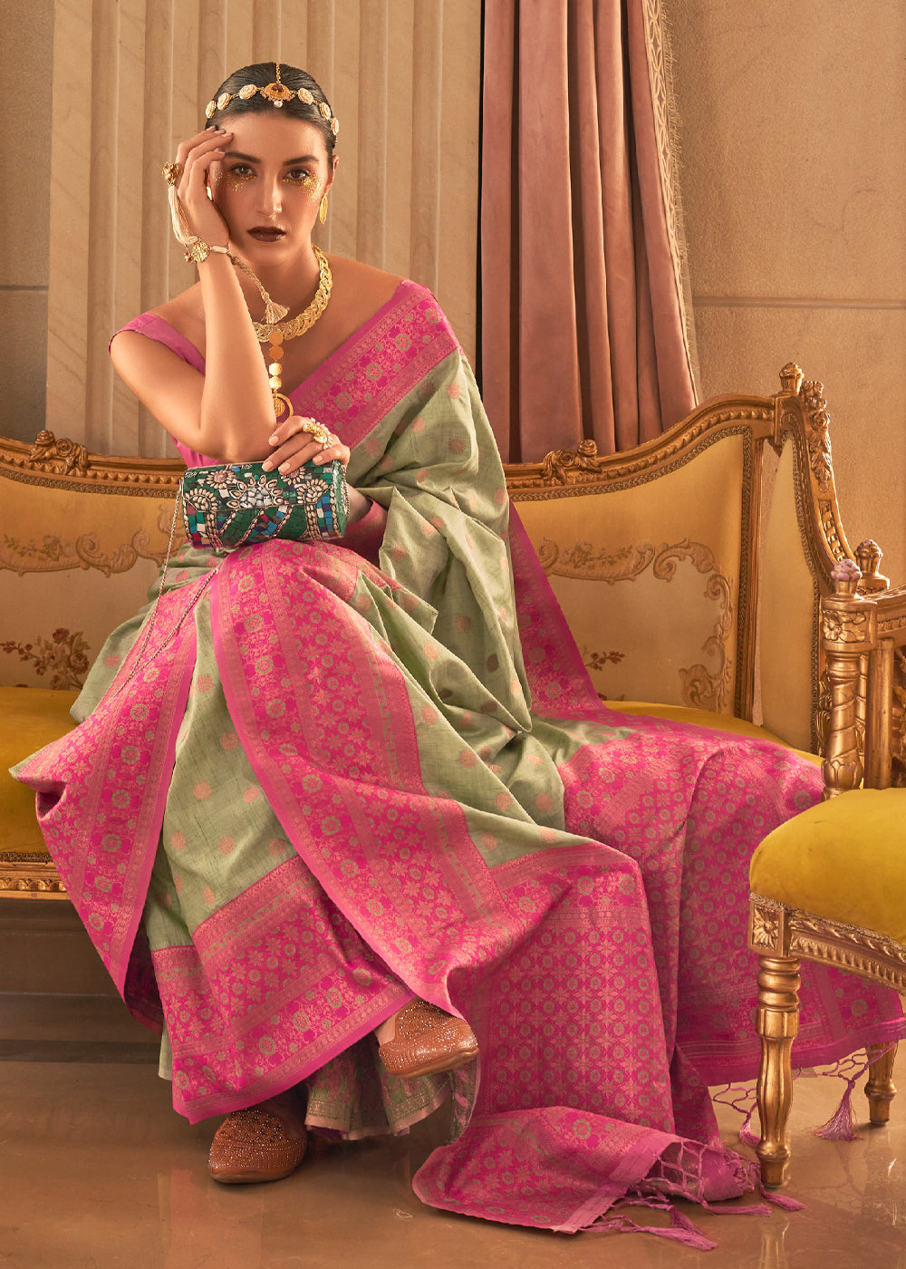 Buy MySilkLove Barley Corn and Pink Bronze Zari Woven Soft Silk Sarees Online