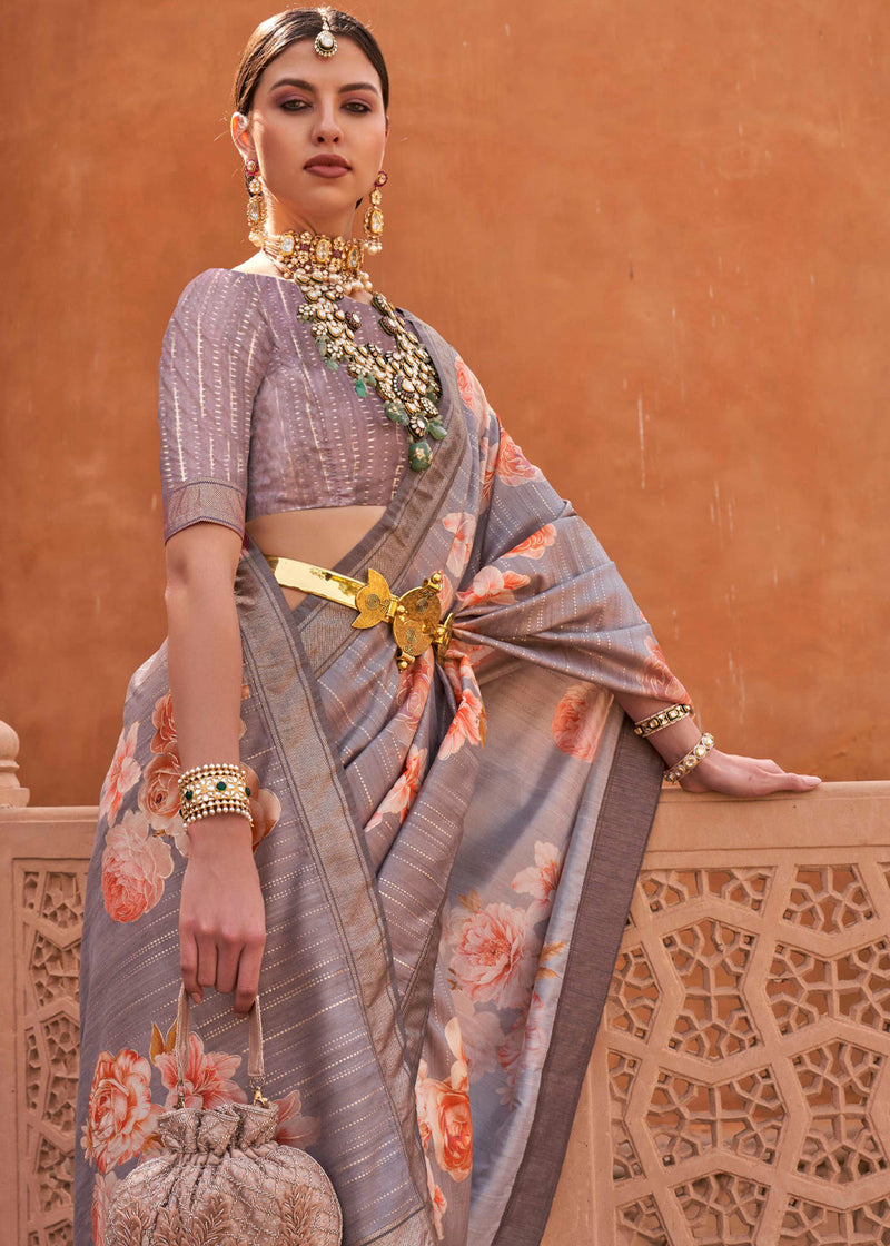 Grey Casual Wear Floral Printed Chiffon Saree With Fancy Blouse