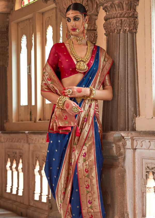 Big Stone Blue Woven Paithani Silk Saree