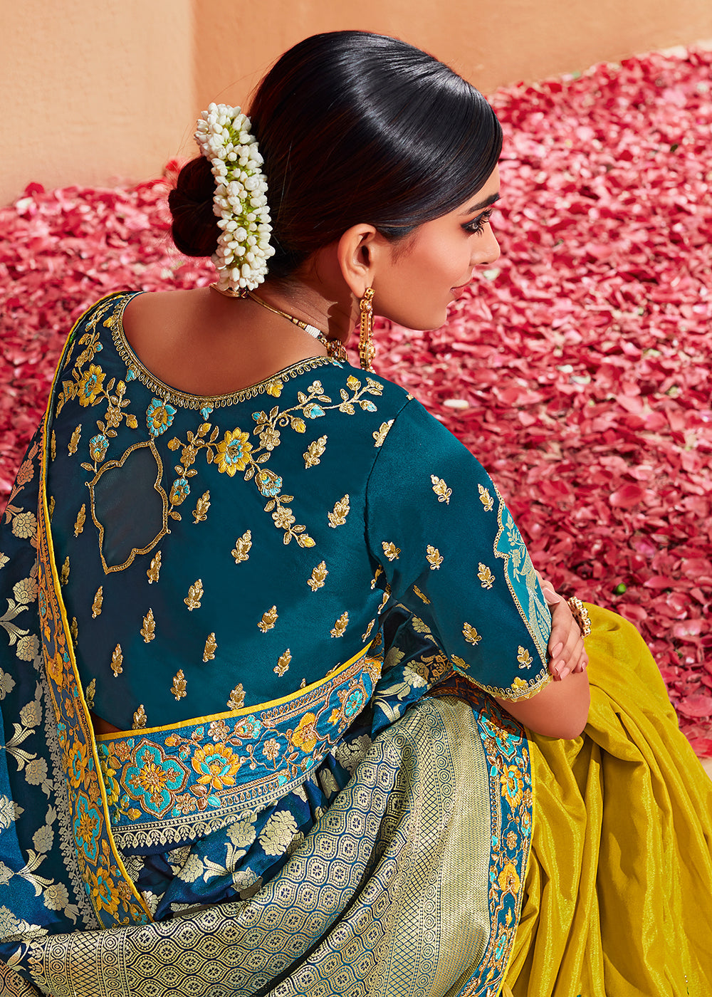 MySilkLove Golden Grass Yellow and Blue Embroidered Banarasi Silk Saree
