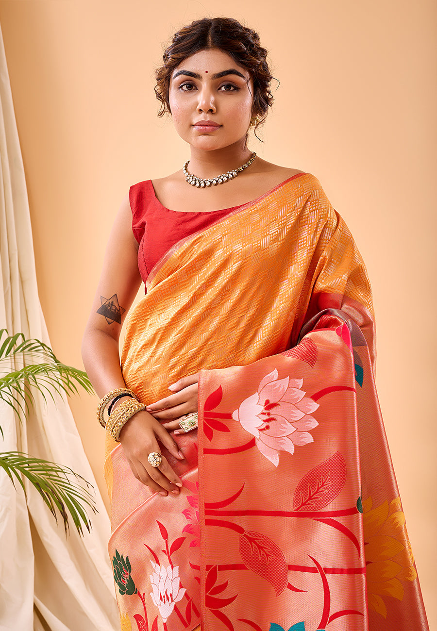 Buy MySilkLove Neon Carrot Orange Fulrani Woven Paithani Saree Online