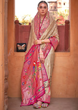 Cameo Cream and Pink Woven Paithani Silk Saree