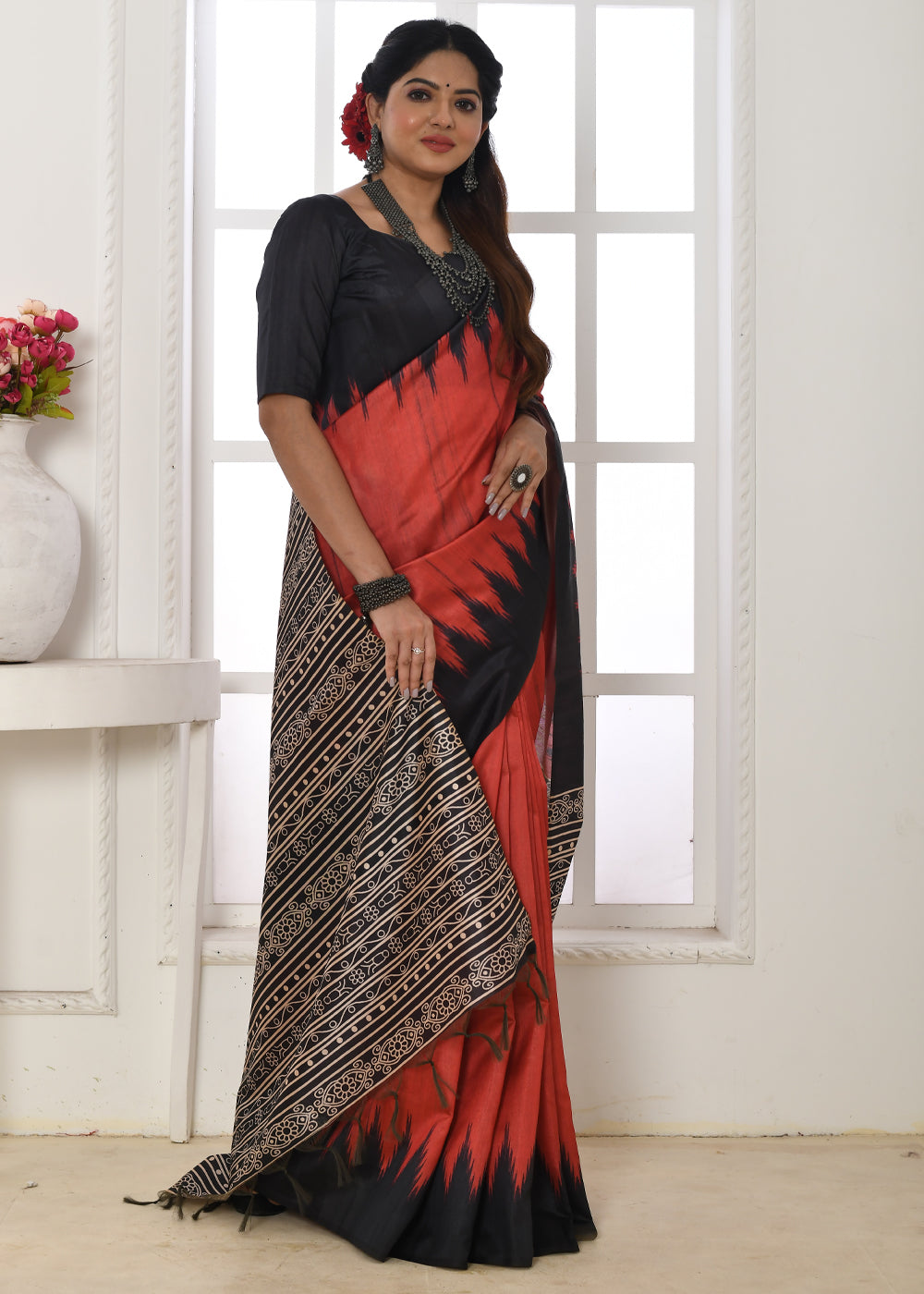 Buy MySilkLove Well Red Woven Tussar Ikkat Silk Saree Online