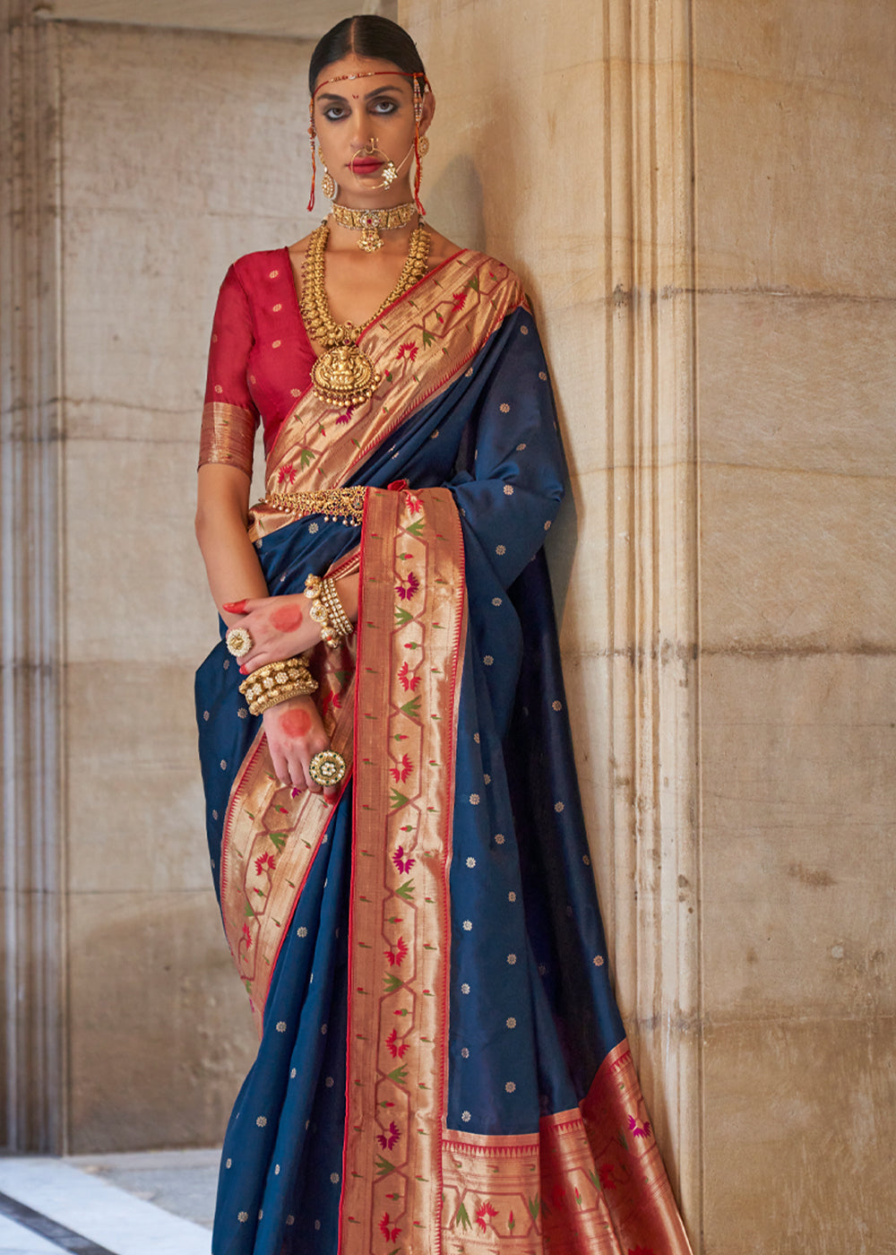 Buy MySilkLove Big Stone Blue Woven Paithani Silk Saree Online