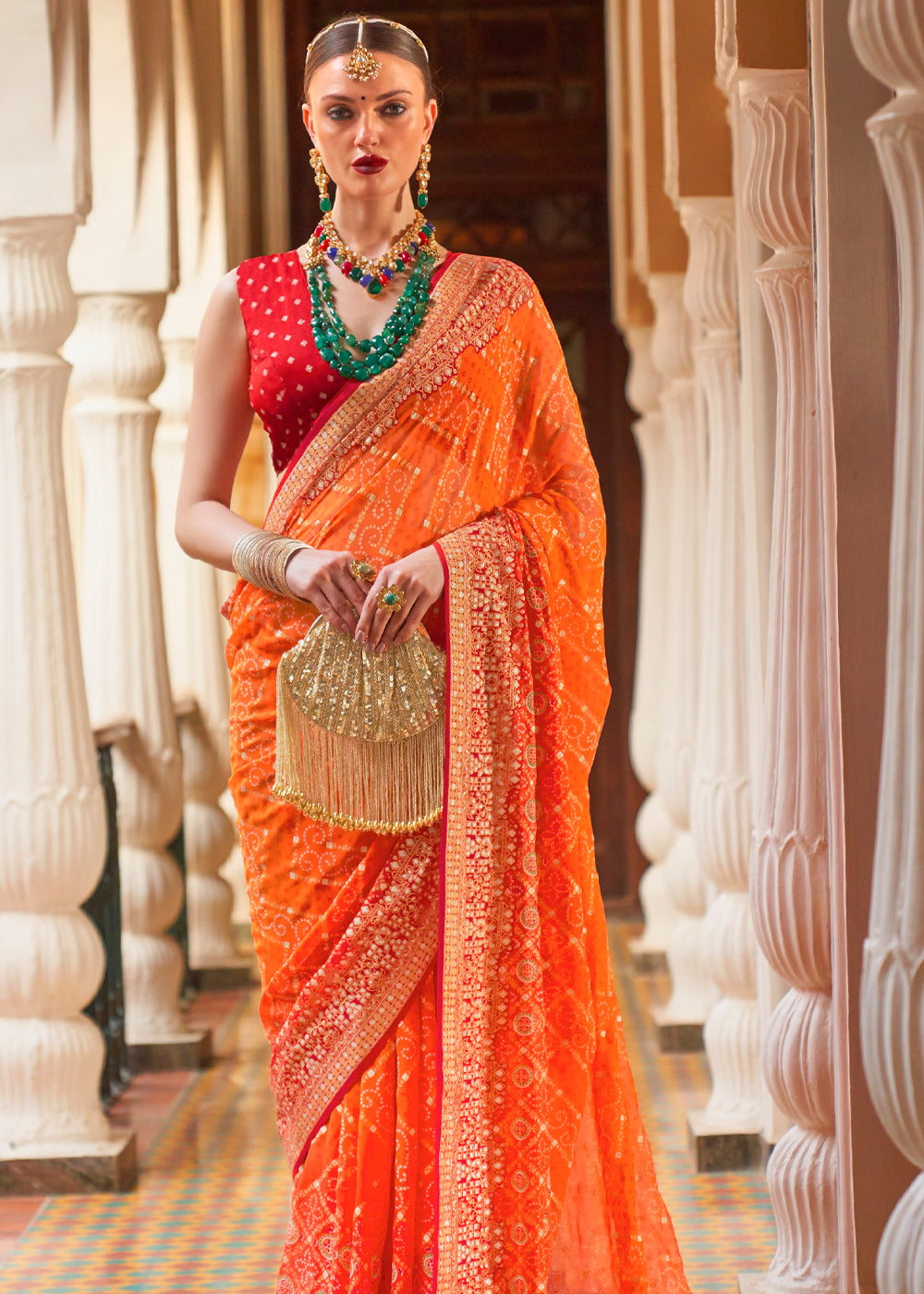 Buy MySilkLove Coral Orange Lehariya Georgette Silk Saree Online