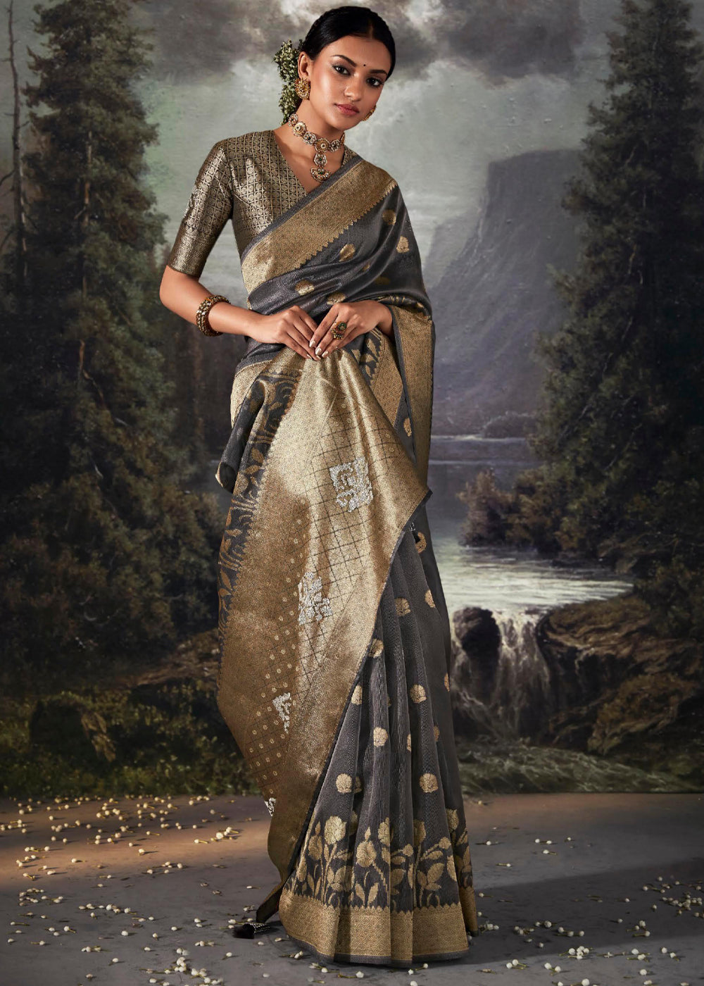 Buy MySilkLove Scorpion Grey Woven Banarasi Organza Silk Saree Online