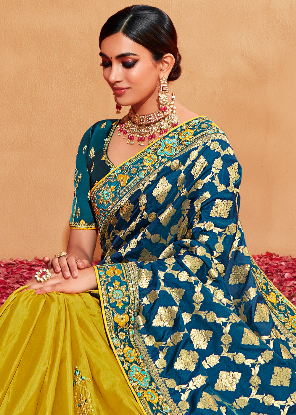 Buy MySilkLove Golden Grass Yellow and Blue Embroidered Banarasi Silk Saree Online