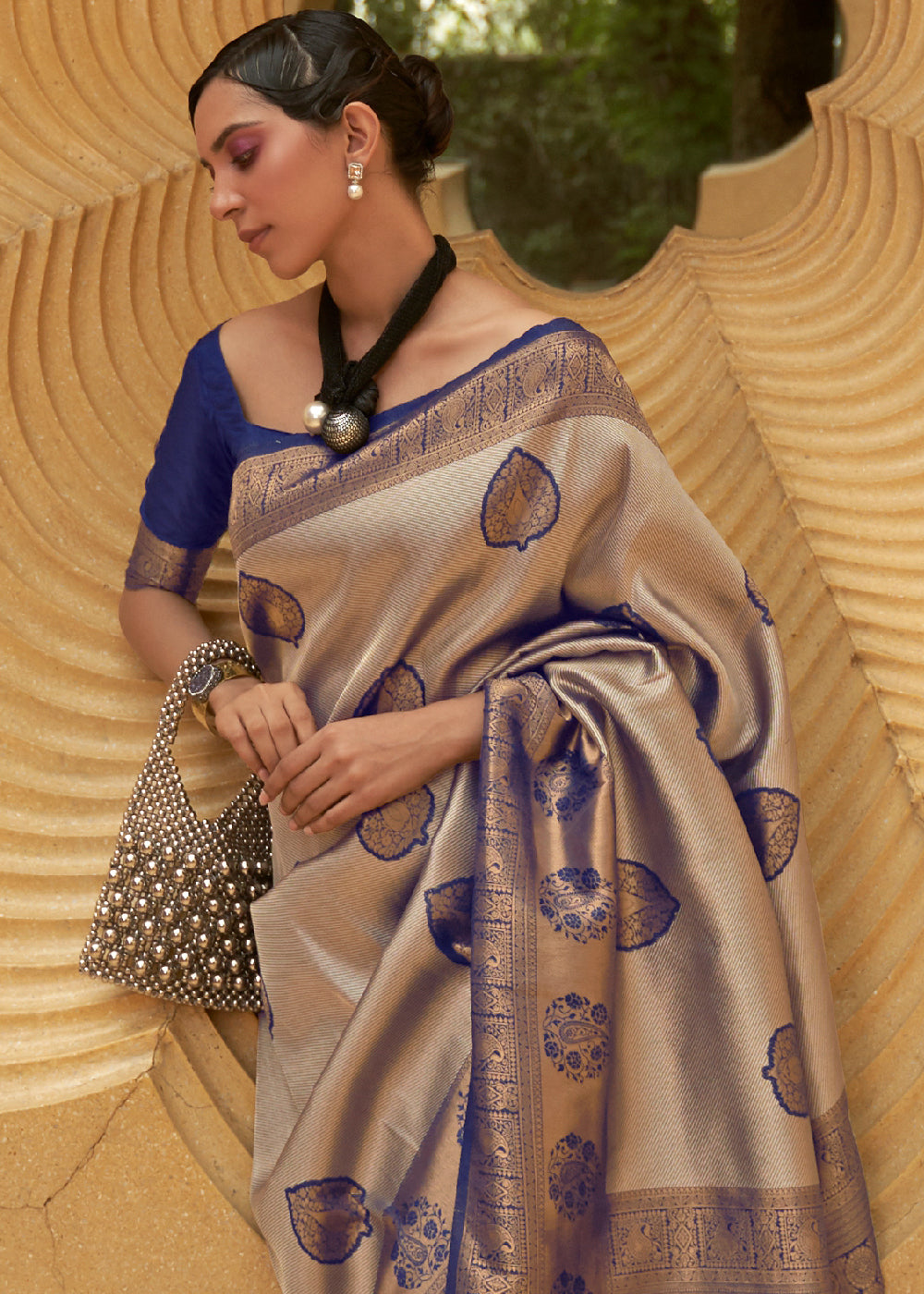 Buy MySilkLove Wild Blue and Brown Two Tone Woven Silk Saree Online