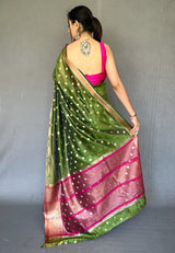 Thatch Green Zari Woven Organza Silk Saree