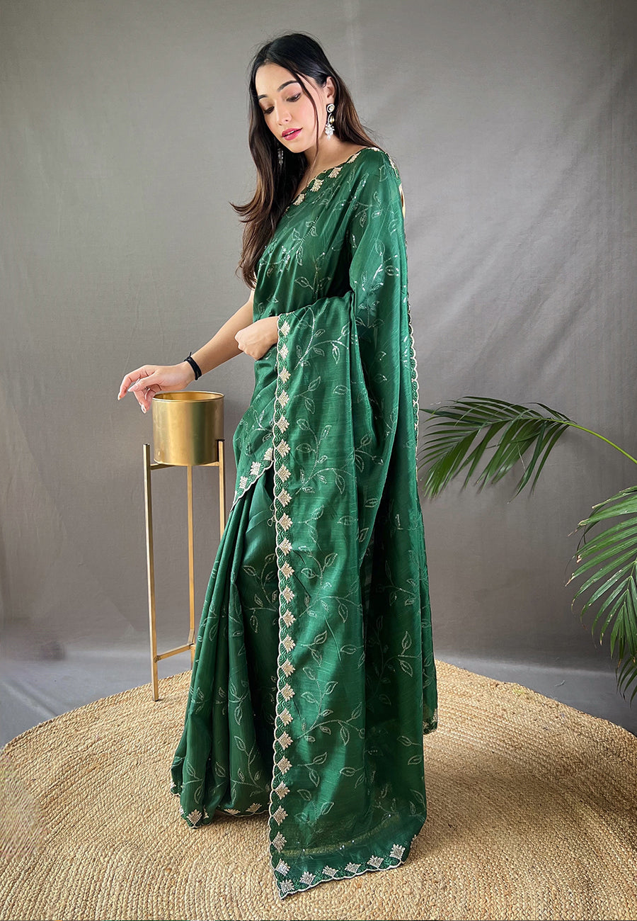 Buy MySilkLove Spring Leaves Green Embroidered Sequins Designer Saree Online