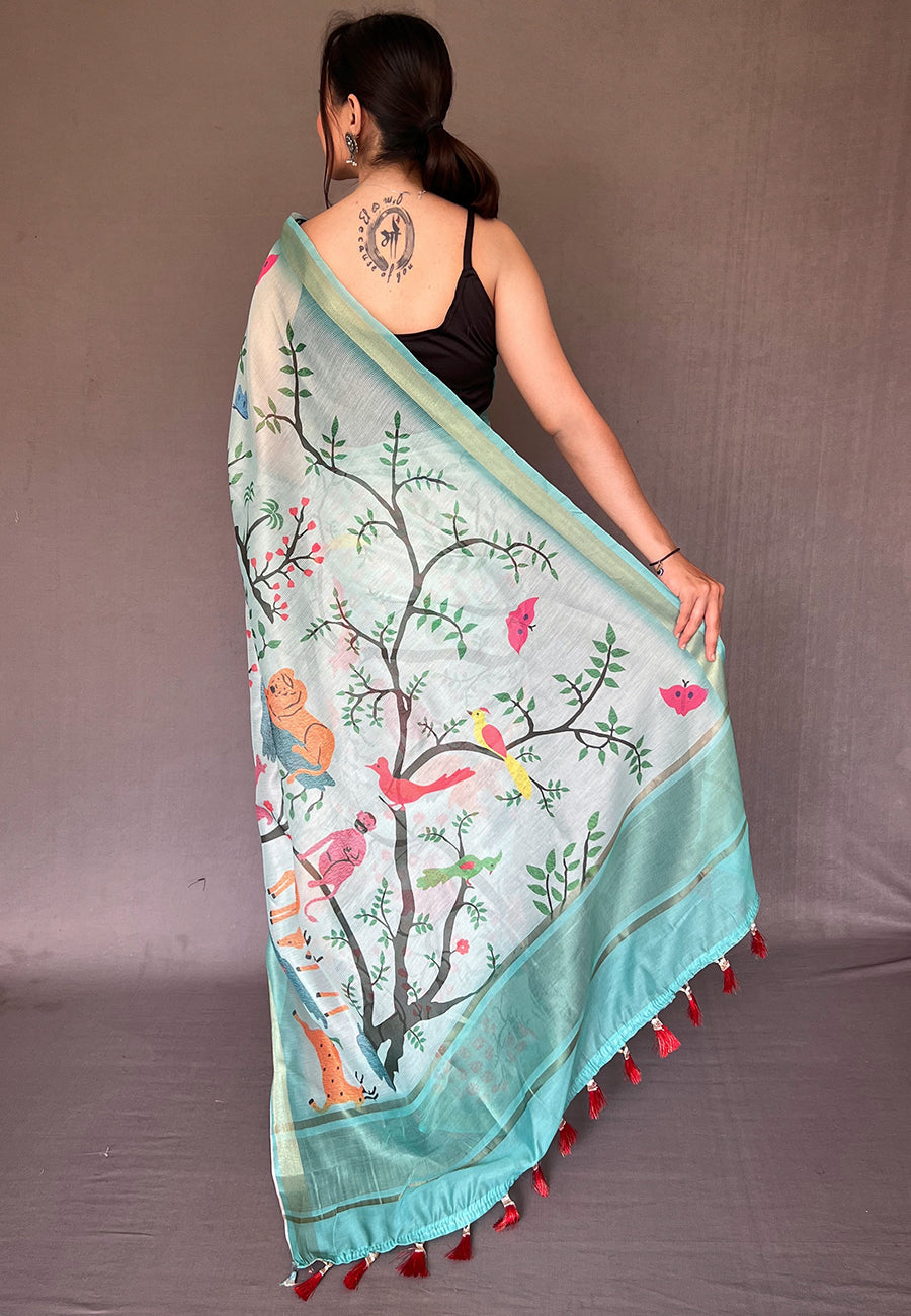 Buy MySilkLove Powder Ash Blue Tissue Printed Kalamkari Silk Saree Online