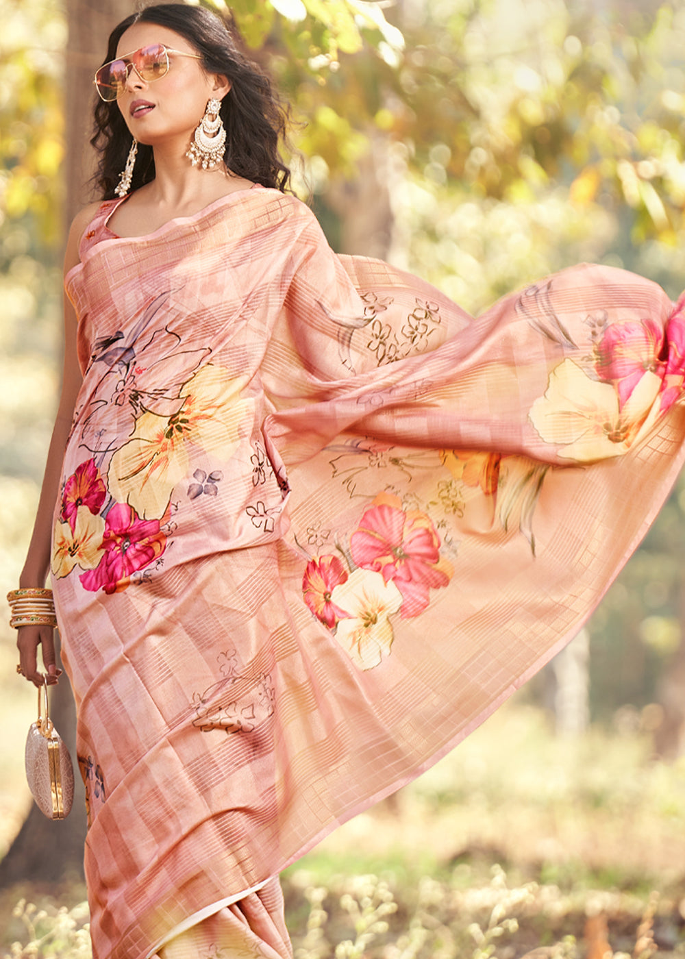 Buy MySilkLove Wheat Pink Floral Printed Cotton Silk Saree Online