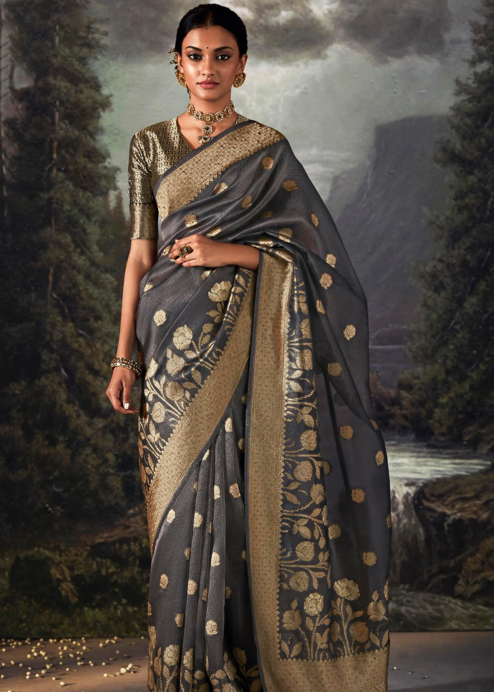 Buy MySilkLove Scorpion Grey Woven Banarasi Organza Silk Saree Online