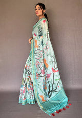 Powder Ash Blue Tissue Printed Kalamkari Silk Saree