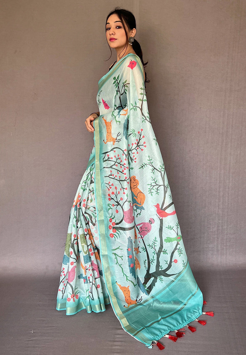 Powder Ash Blue Tissue Printed Kalamkari Silk Saree