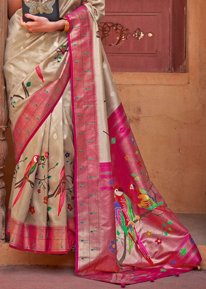 Cameo Cream and Pink Woven Paithani Silk Saree