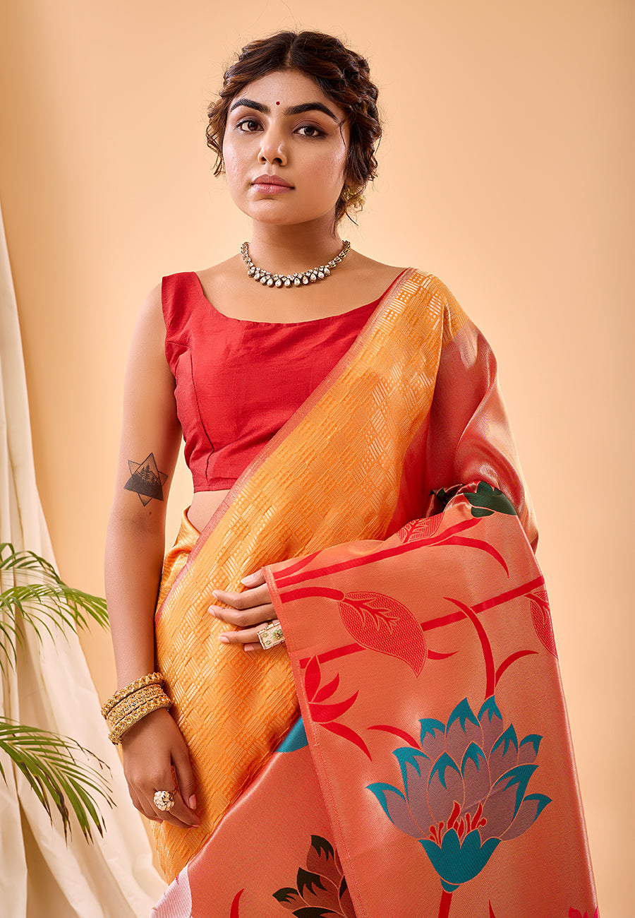 Buy MySilkLove Neon Carrot Orange Fulrani Woven Paithani Saree Online