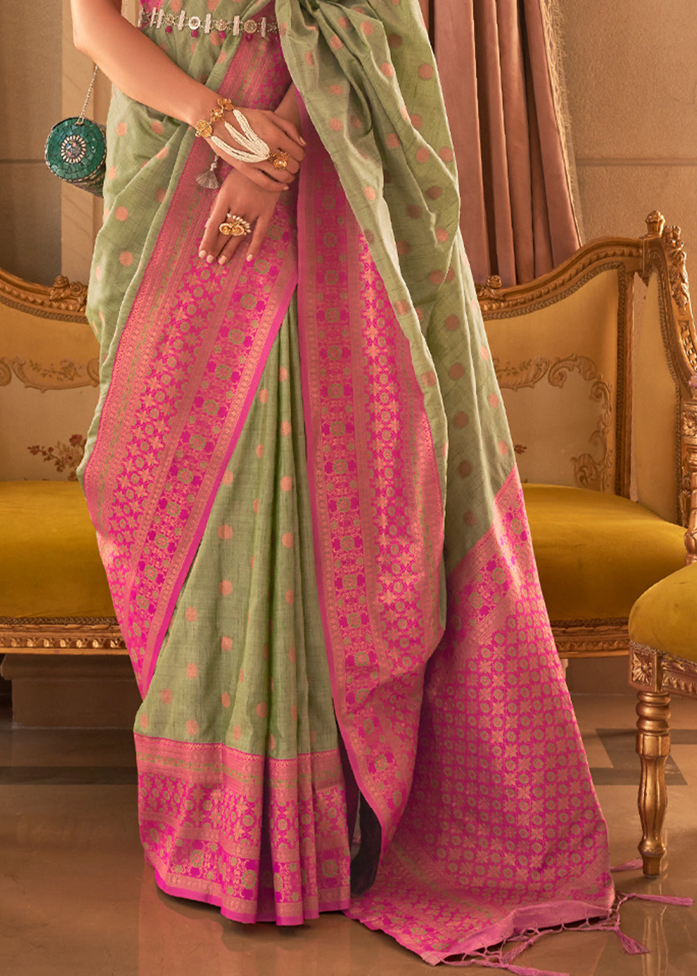 Buy MySilkLove Barley Corn and Pink Bronze Zari Woven Soft Silk Sarees Online