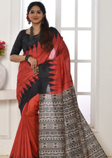 Well Red Woven Tussar Ikkat Silk Saree