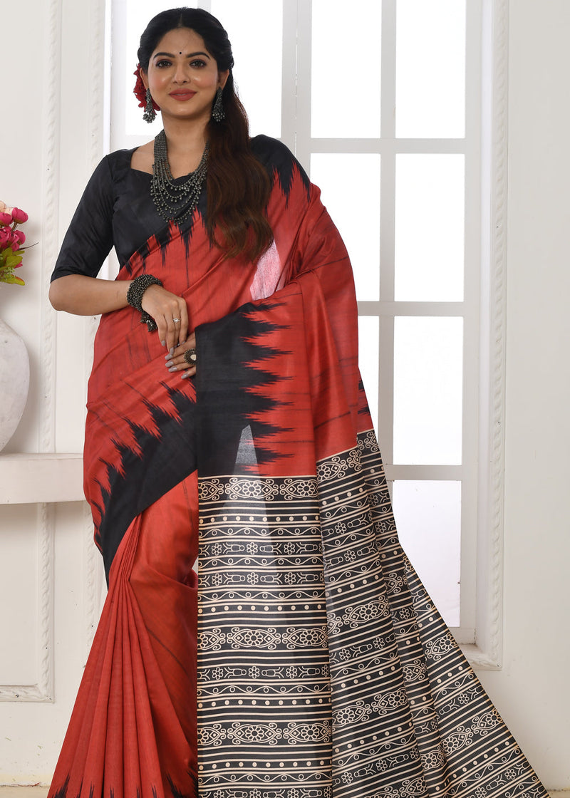 Well Red Woven Tussar Ikkat Silk Saree