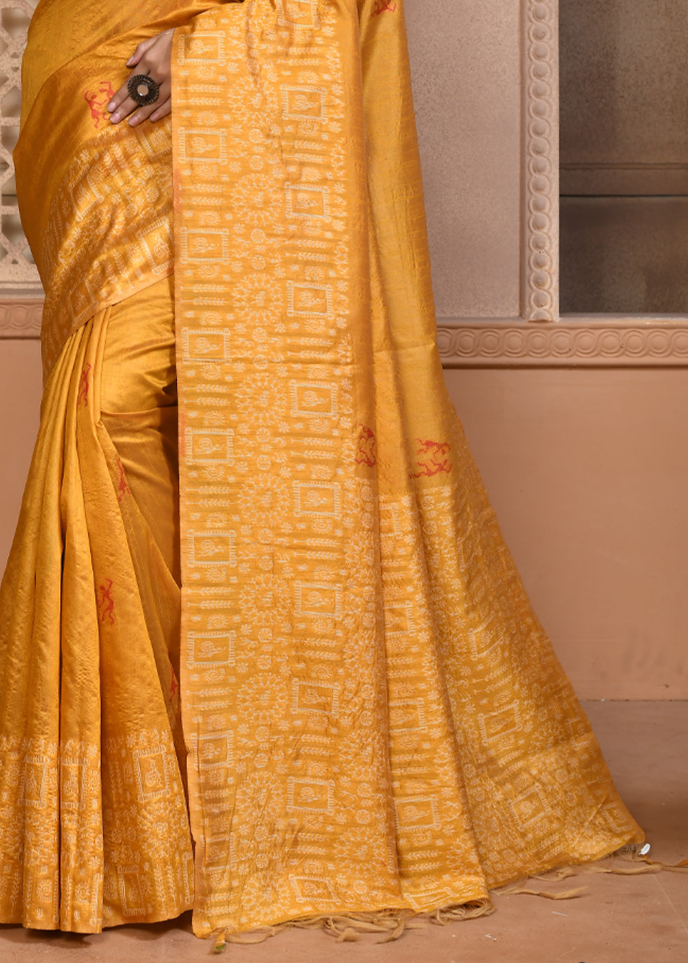 Buy MySilkLove Koromiko Yellow Woven Textured Cotton Silk Saree Online