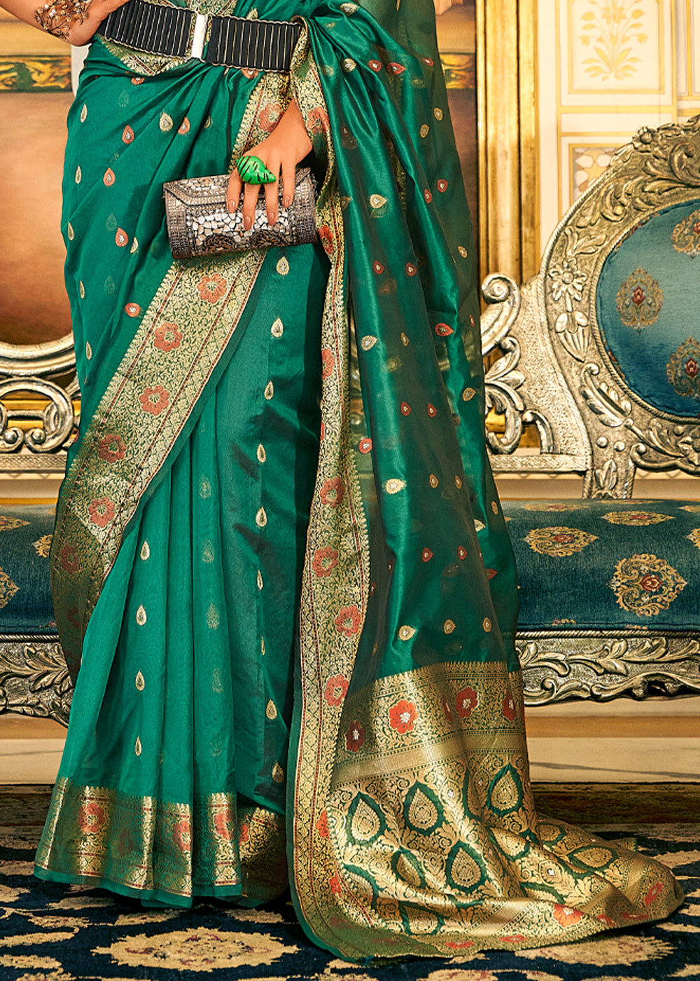 Buy MySilkLove Chateau Green Woven Banarasi Organza Silk Saree Online