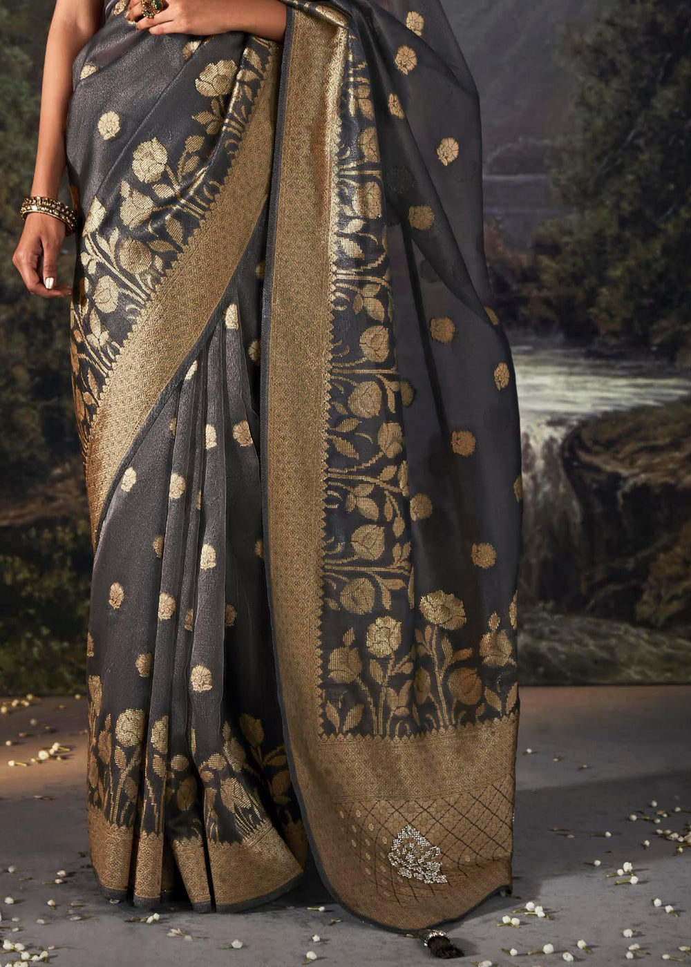 Buy MySilkLove Scorpion Grey Woven Banarasi Organza Silk Saree Online