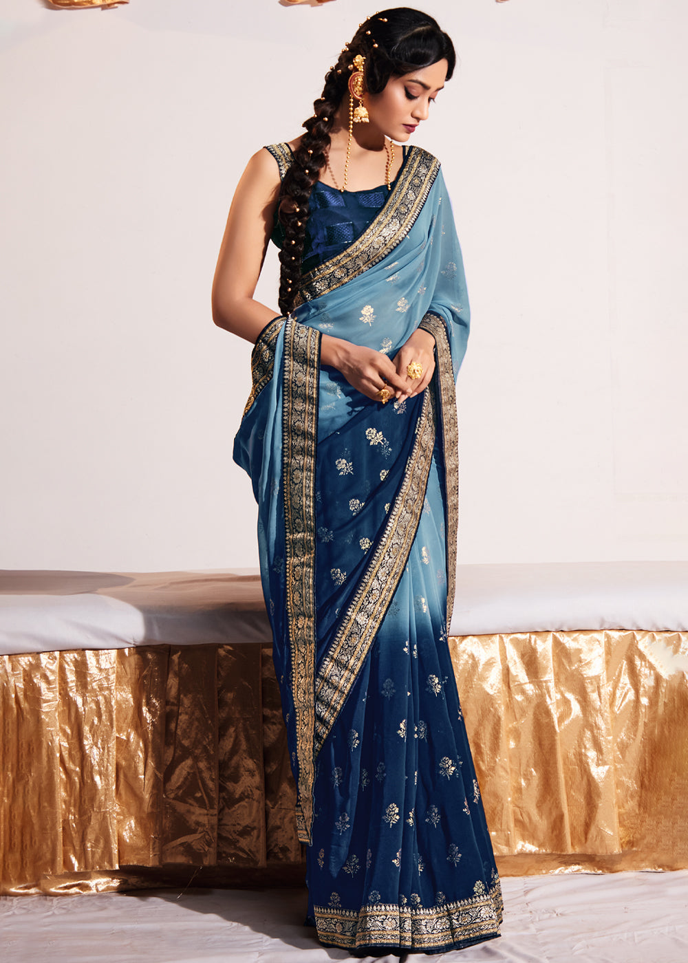 Buy MySilkLove Gothic Blue Woven Georgette Silk Saree Online