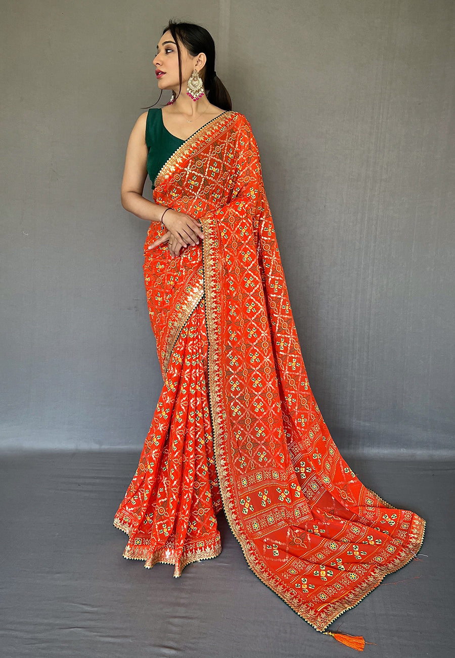 Buy MySilkLove Atomic Orange Embroidered Georgette Bandhani Saree Online