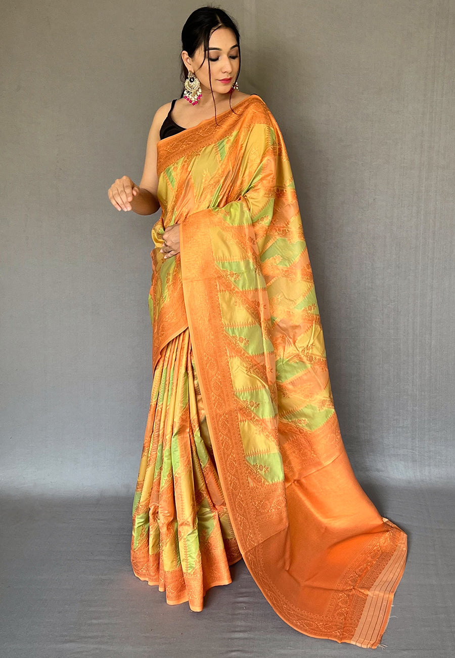 Buy MySilkLove Tacha Green and Yellow Copper Zari Woven Organza Saree Online