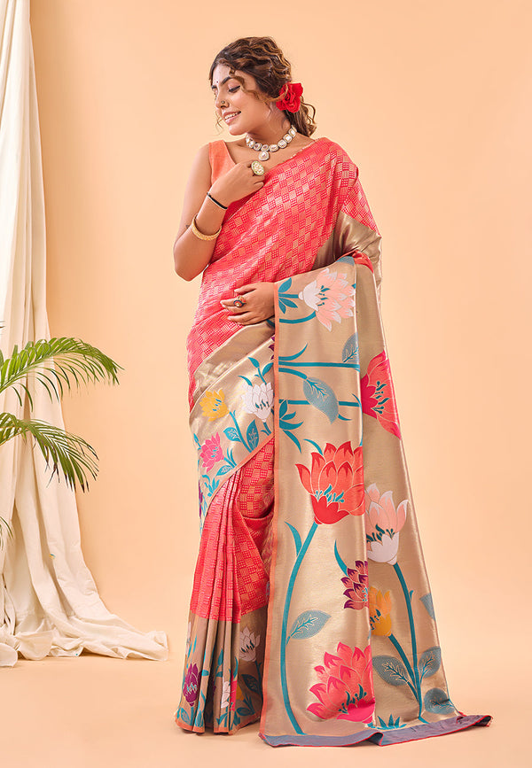 Salmon Pearl Pink Fulrani Woven Paithani Saree