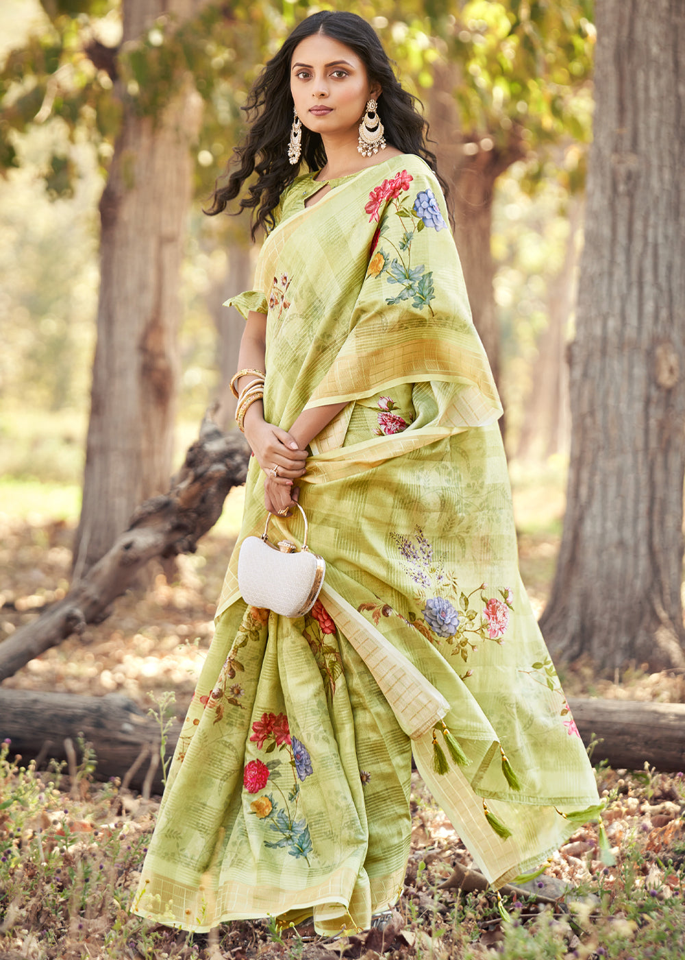 Buy MySilkLove Gimblet Green Floral Printed Cotton Silk Saree Online