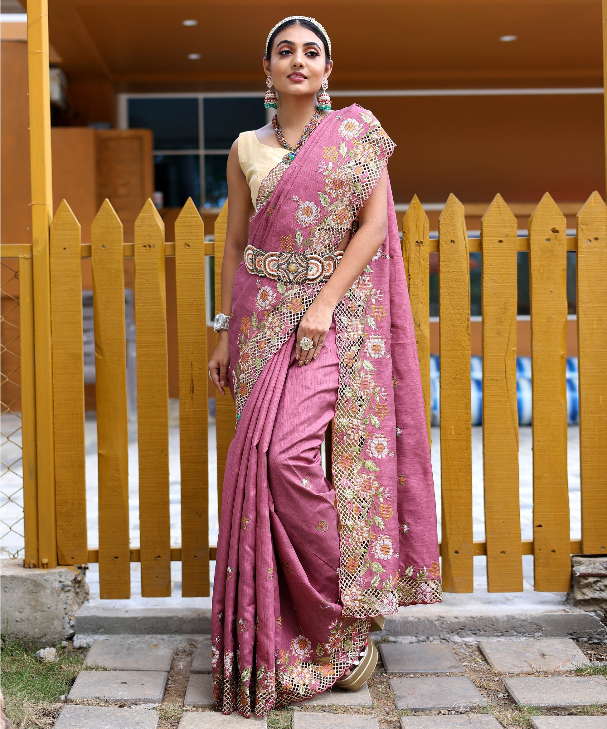 Buy MySilkLove Hopbush Pink Embroidered Tussar Silk Saree Online