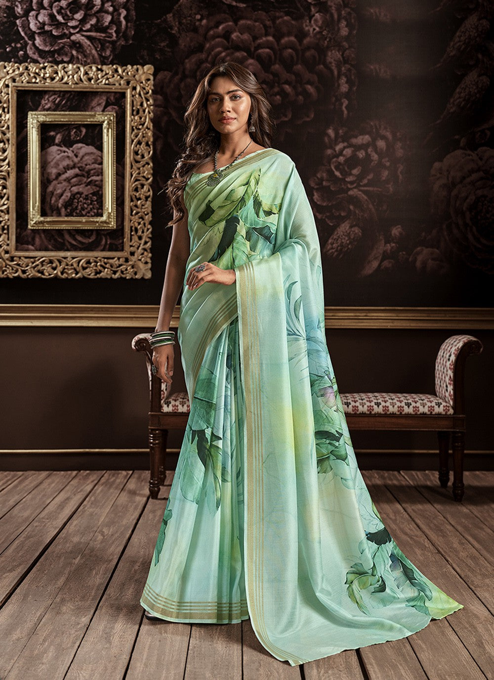Buy MySilkLove Patina Green Handloom Silk Digital Printed Saree Online