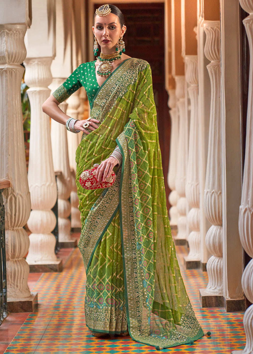 Buy MySilkLove Trendy Green Lehariya Georgette Silk Saree Online