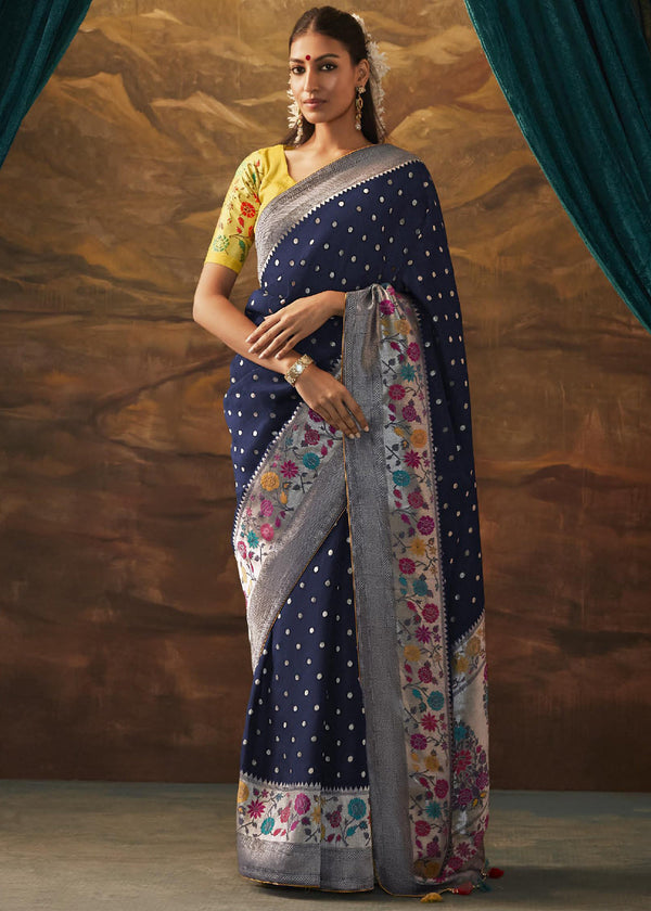 Steel Blue Woven Paithani Banarasi Soft Silk Saree