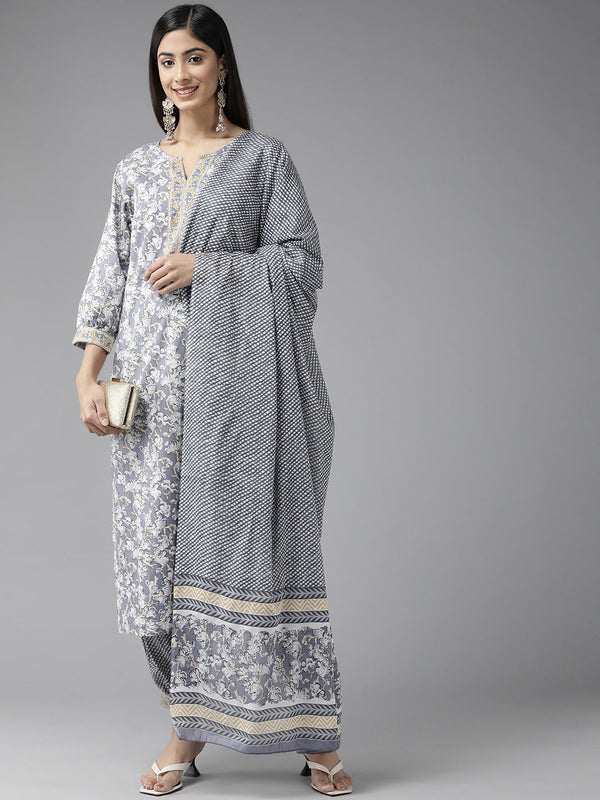 Bombay Grey Pure Cotton Embroidery Suit Set