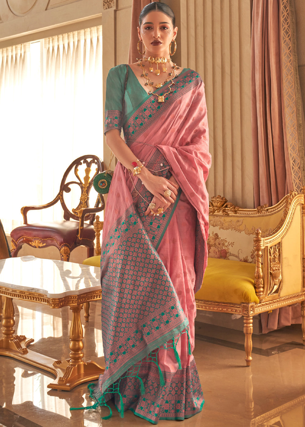 Buy MySilkLove Geraldine Pink Bronze Zari Woven Soft Silk Sarees Online