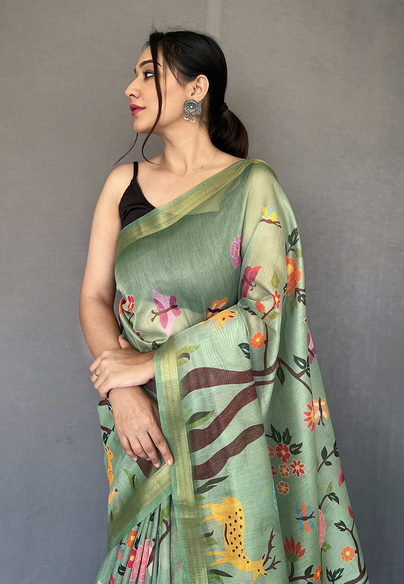 Beryl Green Tissue Printed Kalamkari Silk Saree