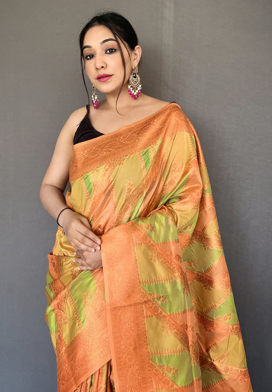 Buy MySilkLove Tacha Green and Yellow Copper Zari Woven Organza Saree Online