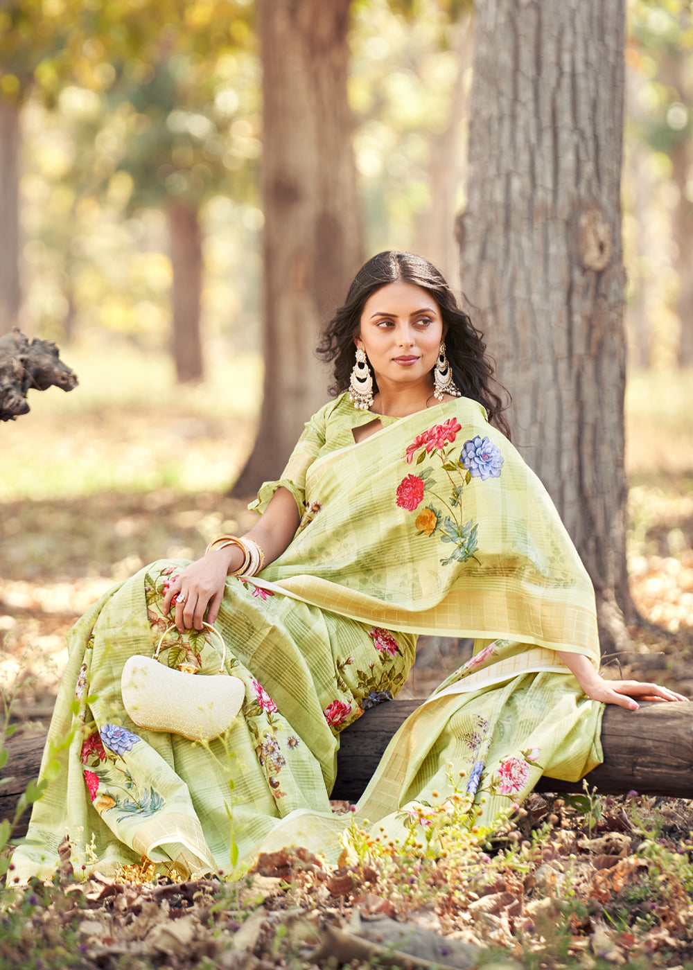MySilkLove Gimblet Green Floral Printed Cotton Silk Saree