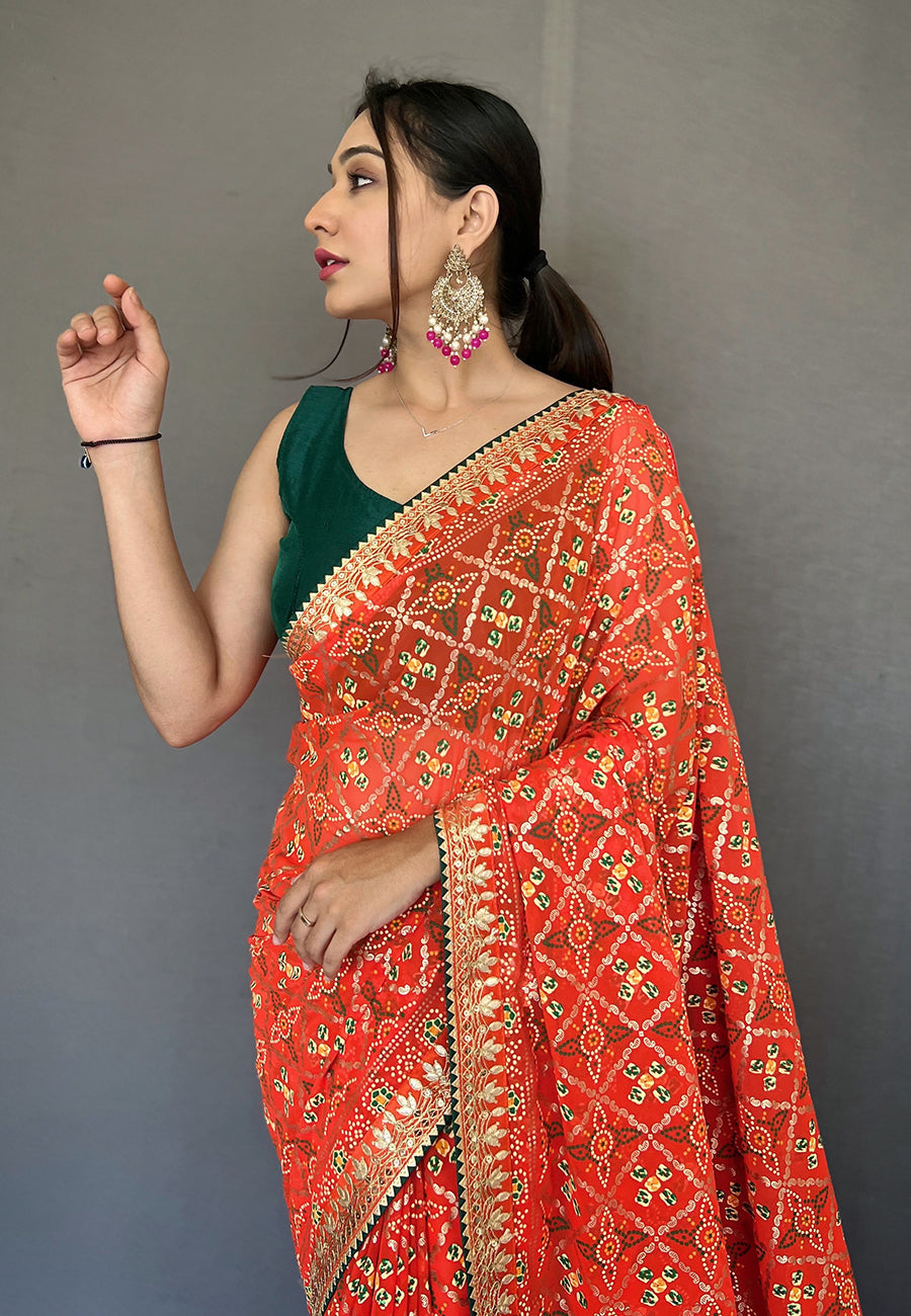 MySilkLove Atomic Orange Embroidered Georgette Bandhani Saree