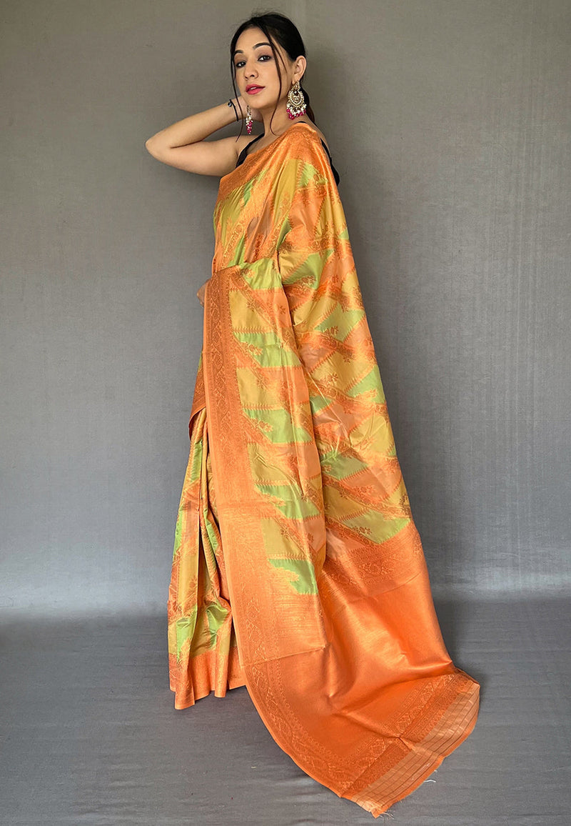 Tacha Green and Yellow Copper Zari Woven Organza Saree