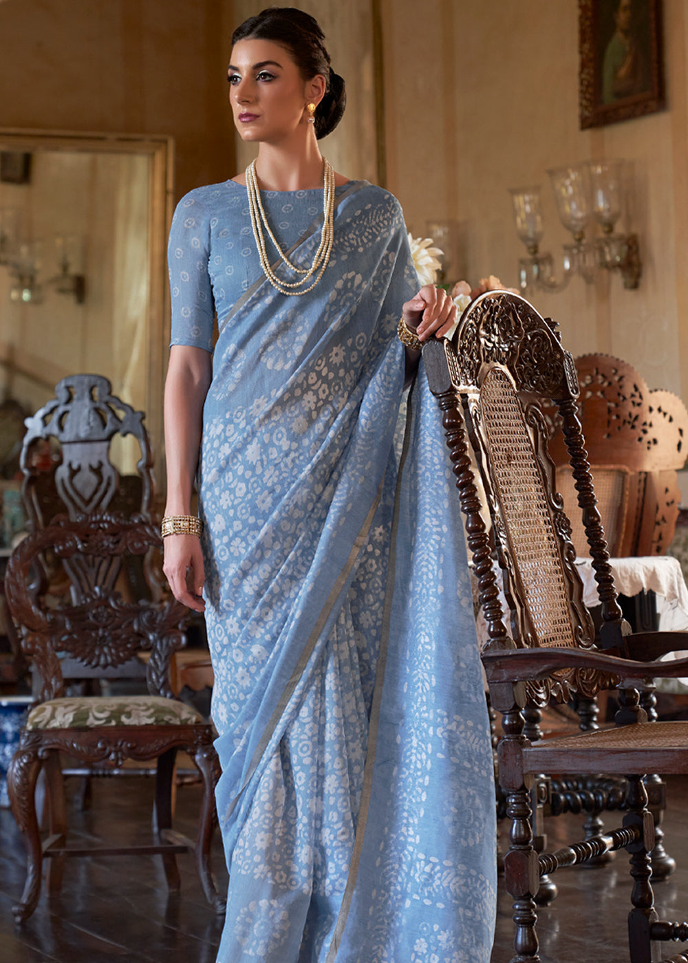 Buy MySilkLove Pigeon Post Blue Light Weight Linen Saree Online